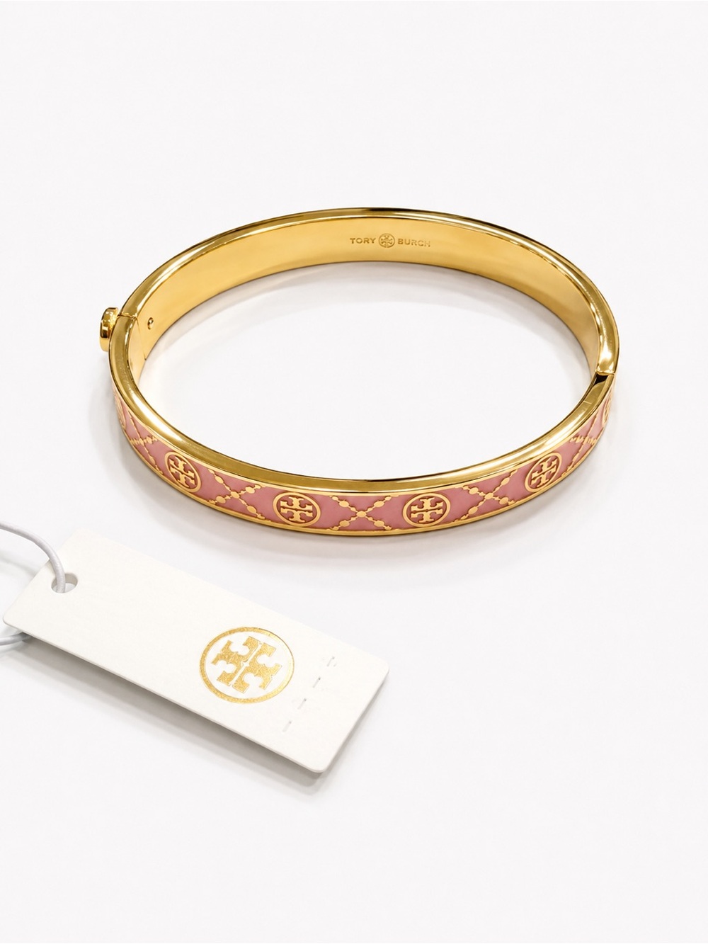 Tory Burch Pink Enamel Gold-Tone Logo Bangle Bracelet NWT